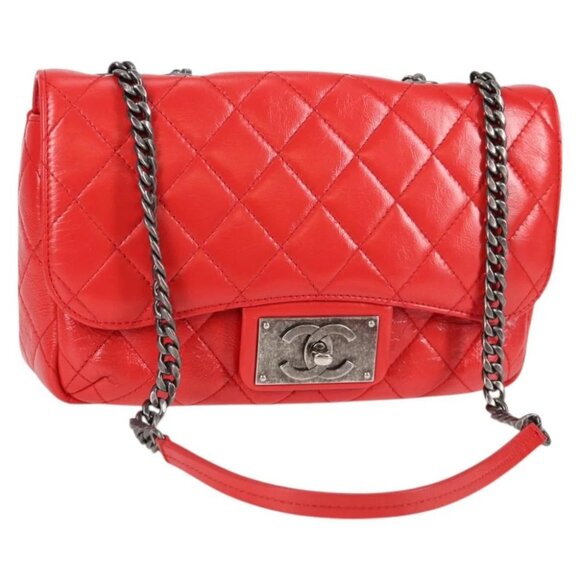 CHANEL Matelasse Chain Shoulder Bag Calf Skin Red CC Auth 127508M - Picture 1 of 15